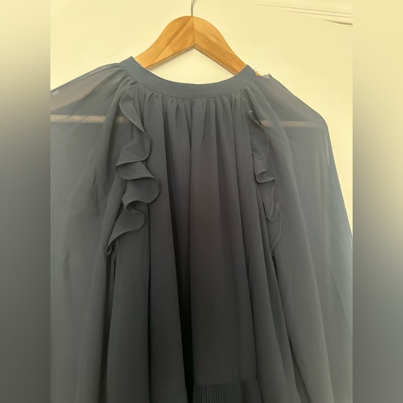 En Saison Navy Pleated Tiered Long Sleeve Mini Dress / Tunic Top XS Ruffle Sheer - Picture 5 of 10